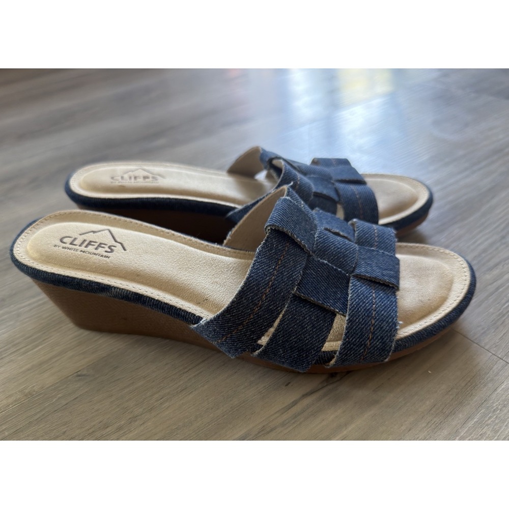 Cliffs by White Mountain Blue Denim Women's Wedge Sandals Y2K Inspired Size 7.5